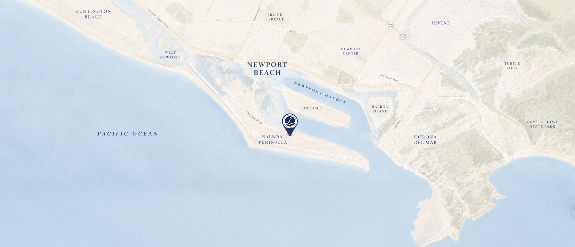 Newport Beach map showing Sapphire Life Club's harbor location on the Balboa Peninsula